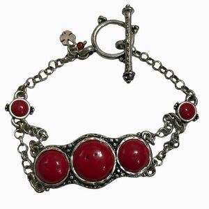 Lucky‎ Brand Antiqued Red Stones Toggle Bracelet, Silver Toned, 7.75" Long